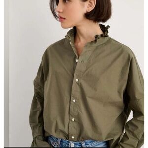 Alex Mill Easy Ruffle Olive Cotton High Collar Curved Hem Top Size Medium